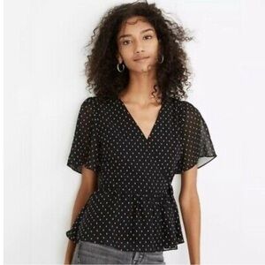 Madewell Dark Navy White Dot Short Flutter Sleeve Wrap Peplum Top Size Large L
